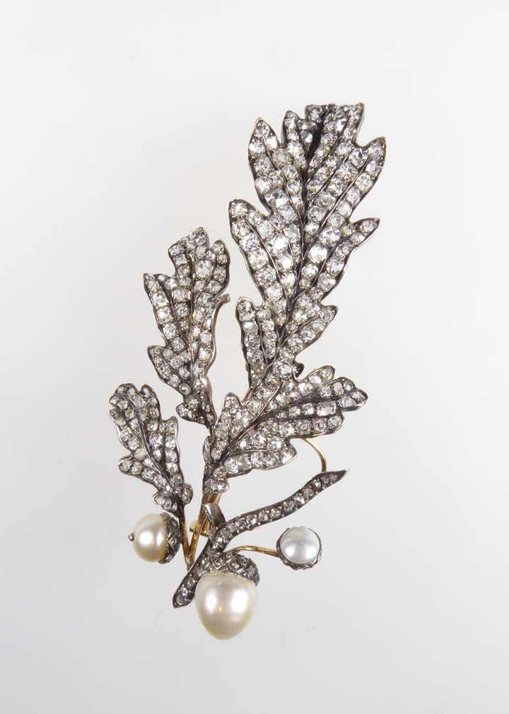 19th century diamond and pearl oak leaf and acorn spray brooch